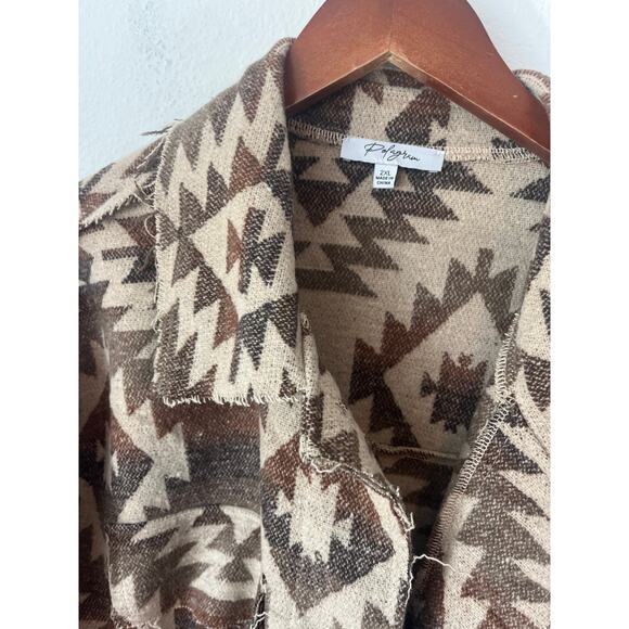 BOUTIQUE Tan Boho Aztec Print Raw Hem Oversized Long Shacket - Picture 2 of 3